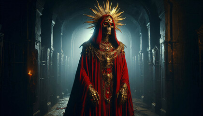 Fototapeta premium a red cloaked undead warrior, wearing a golden sun crown