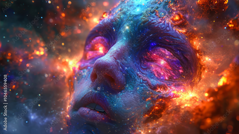 Poster exploring unfinished business and unresolved emotions through cosmic transformation at twilight