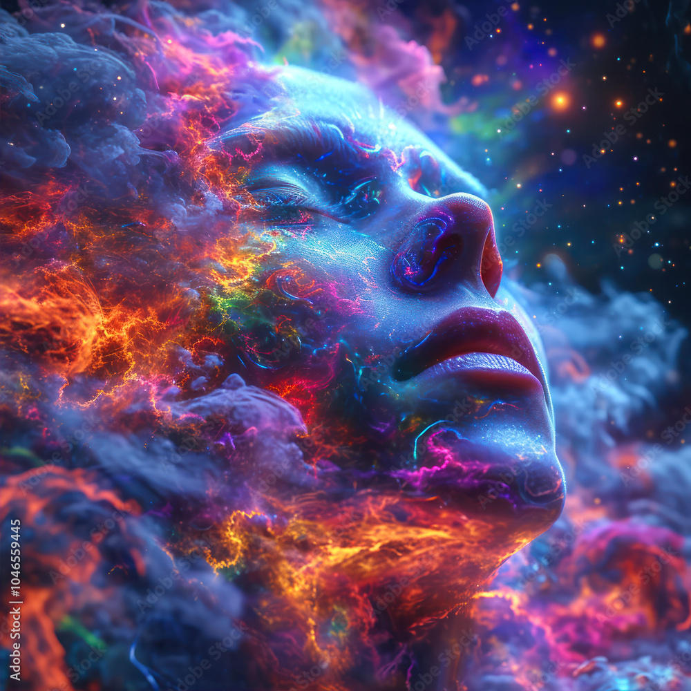 Poster exploring unresolved emotions through vibrant cosmic transformation at twilight