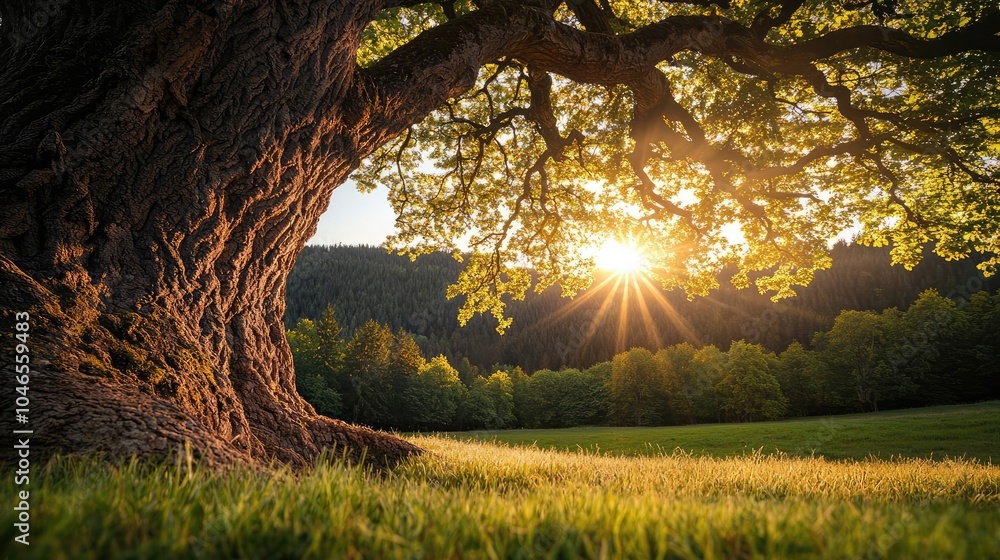 Poster tree with sun rays shining through leaves in a peaceful natural setting.