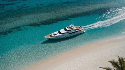 A stunning view of a luxury yacht cruising on clear turquoise waters near a pristine tropical beach.