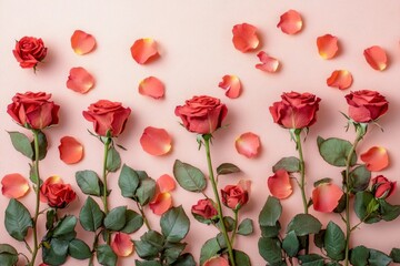Beautiful red roses and petals on pale pink background, flat lay. Space for text with generative ai