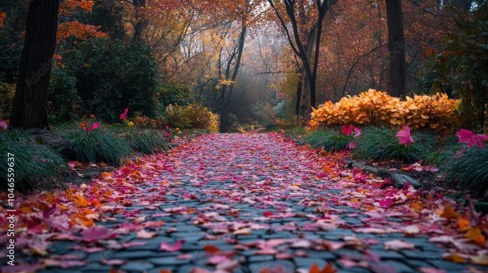 Wall mural Autumn leaves on a garden path