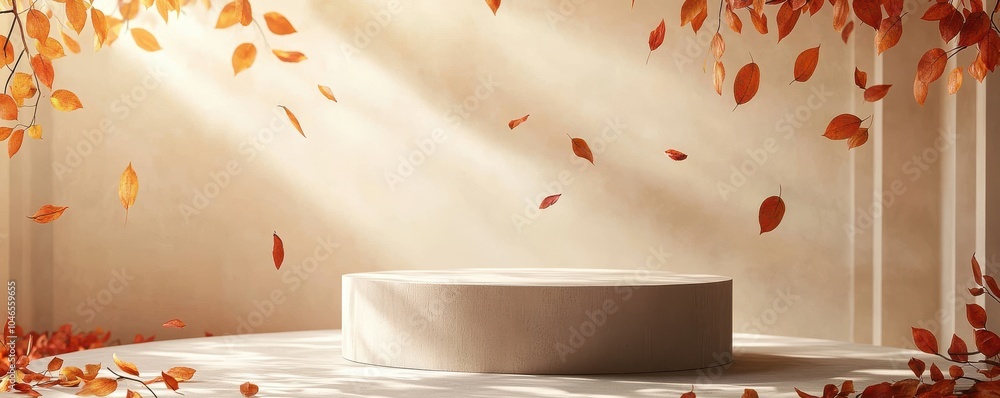 Poster minimalist podium display with floating autumn leaves in a tranquil setting highlighting the beauty 
