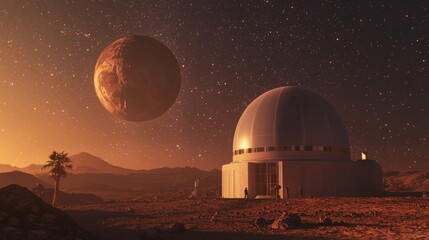 Obraz premium Advanced Martian Observatory with Researchers Studying Stars and Telescopes, Capturing Ultra-Detailed View of Cosmos