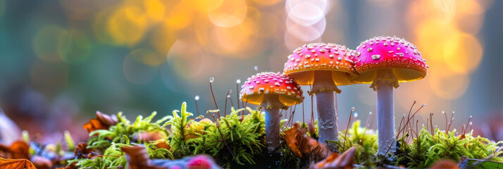 Vibrant mushrooms with drops of dew glimmering in the sunlight on a forest floor