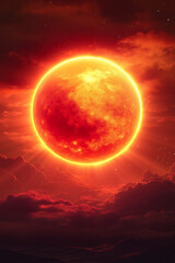 A red sun in the sky with clouds in the background