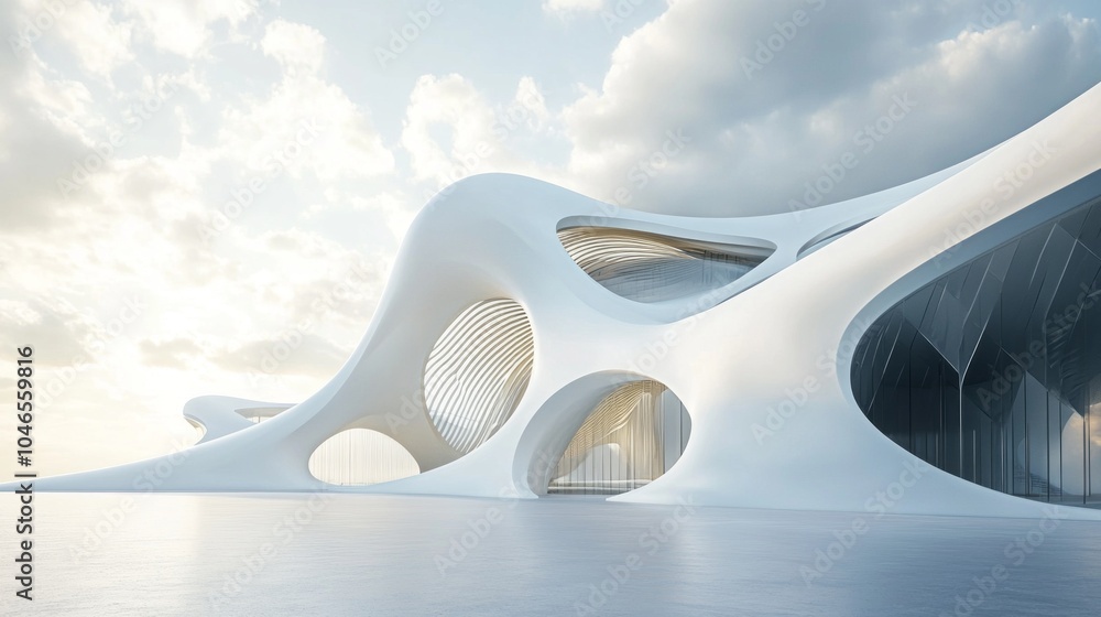 Poster A large white building with a lot of windows and a curved design