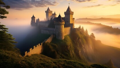 Obraz premium Medieval castle emerging from fog at golden hour