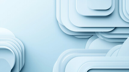 Abstract 3D layered geometric shapes in soft blue tones creating a modern background design with overlapping rounded surfaces and shadow effects.