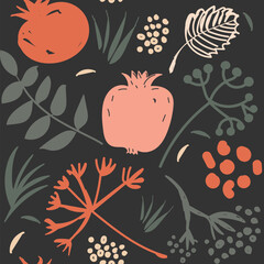 Seamless pomegranate and floral pattern on a black background, vector illustration