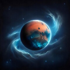 Fototapeta premium A stylized illustration of a planet with a blue and orange surface, surrounded by a glowing blue nebula in space.