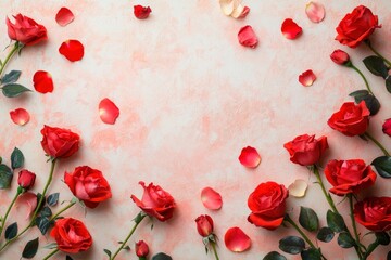 Beautiful red roses and petals on pale pink background, flat lay. Space for text with generative ai