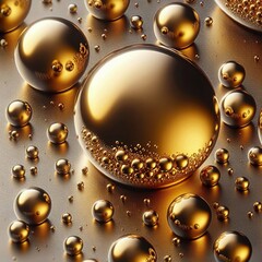 A close-up shot of golden spheres of various sizes, arranged on a dark background, creating a sense of depth and luxury.