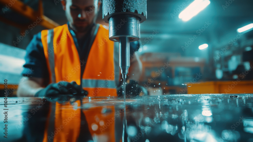 Aufkleber close up of spinning drill bit on polished metal surface, showcasing precision and craftsmanship in 