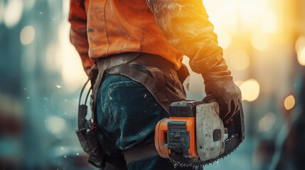 worker in orange jacket holds chainsaw, showcasing their readiness for task. warm sunlight creates dramatic backdrop, highlighting focus and determination of individual