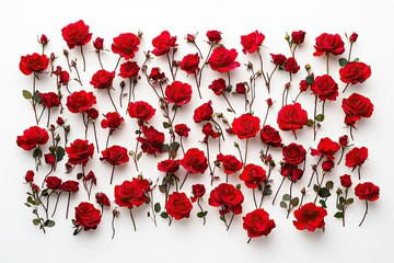 Beautiful red roses on white background, flat lay with generative ai