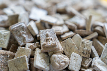 Photo of Buddha. Phra Somdej. Phra Phong. Background image of Thai amulet circle.
