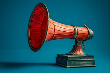 A red and black horn on top of a stack of books