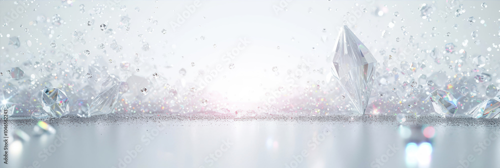 Poster sparkling diamonds spread across a white backdrop illuminating the elegant booth setting