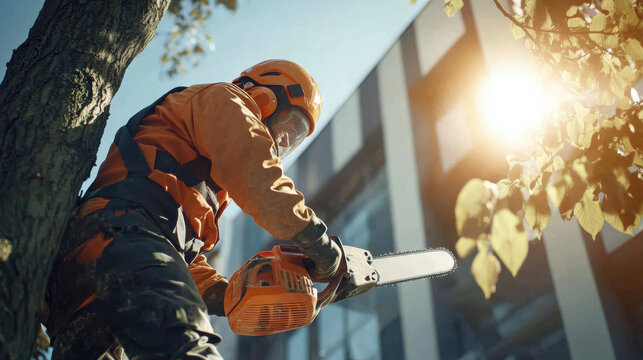 Tree trimming worker in safety gear using chainsaw to cut branches, showcasing focus on safety and precision. sun shines brightly in background, enhancing scenes vibrancy