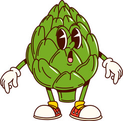 Groovy artichoke vegetable retro character with funny face, vector comic cartoon. Groovy artichoke with surprised face or astonished emotion for cheerful cute vegetable emoji in retro cartoon