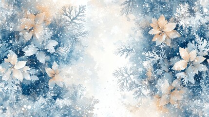 The seamless pattern of large and delicate snowflakes, with a pure white background and soft shades of blue and white, blended with subtle shades of light peach and blue, creates a winter atmosphere