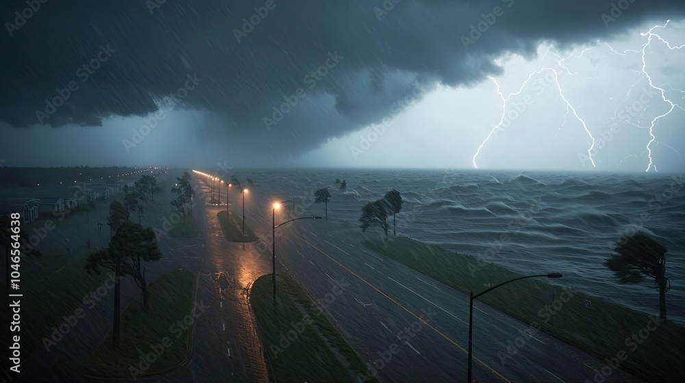 Poster stormy weather with lightning strikes over tumultuous ocean and dark clouds.
