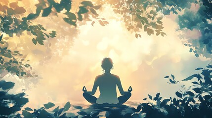 A calming nature scene of a person meditating with a pastel sky, sunlight filtering through leaves, and subtle symbols promoting self-care
