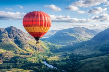 A stunning aerial view of a bright red hot air balloon soaring high above lush green valleys and rolling hills. Experience the beauty of nature. Generative AI