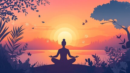 A calming sunrise scene with a meditating figure, surrounded by nature, with soft colors and icons symbolizing mindfulness and mental health