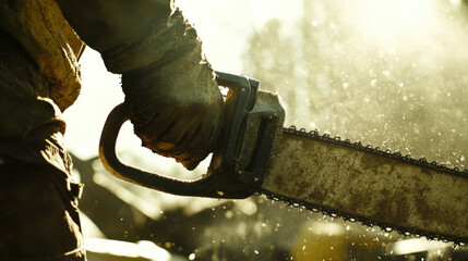 Close up of workers hands gripping chainsaw handle, showcasing power and precision required in cutting. sunlight creates dramatic effect, highlighting focus and determination in task