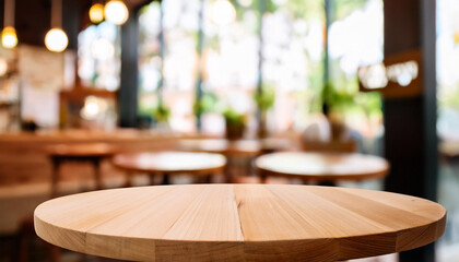 Empty Round Wooden Table In Coffee Shop Blurred Background