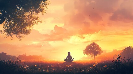 Obraz premium A peaceful scene of a person meditating outdoors, surrounded by nature, with soft colors and a gradient sky symbolizing hope and tranquility