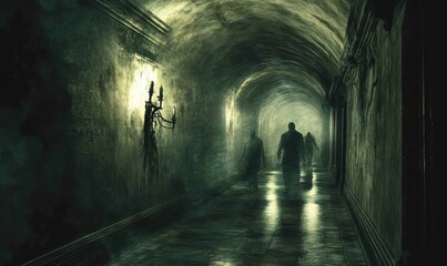 Obraz premium Dark hallway with three shadowy figures.