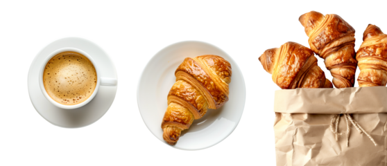 Flaky and golden croissants overflowing from a paper bag ad sits beside a steaming cup of rich coffee , making them perfect for breakfast or brunch. Isolated on white transparent background