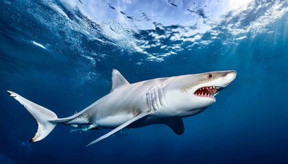Naklejka premium A white shark open his mouth and showing his sharp teeth on deep blue sea backgroun