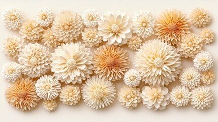 A collection of textured cream and beige flowers arranged artistically against a soft backdrop, showcasing their intricate shapes and natural beauty.