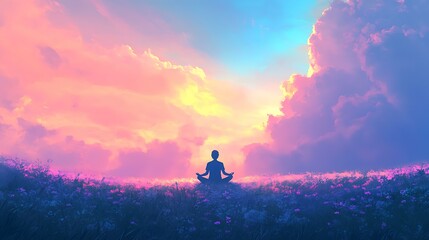 A serene nature scene for World Mental Health Day, showing a person meditating under a soft blue and pink sky, promoting inner peace