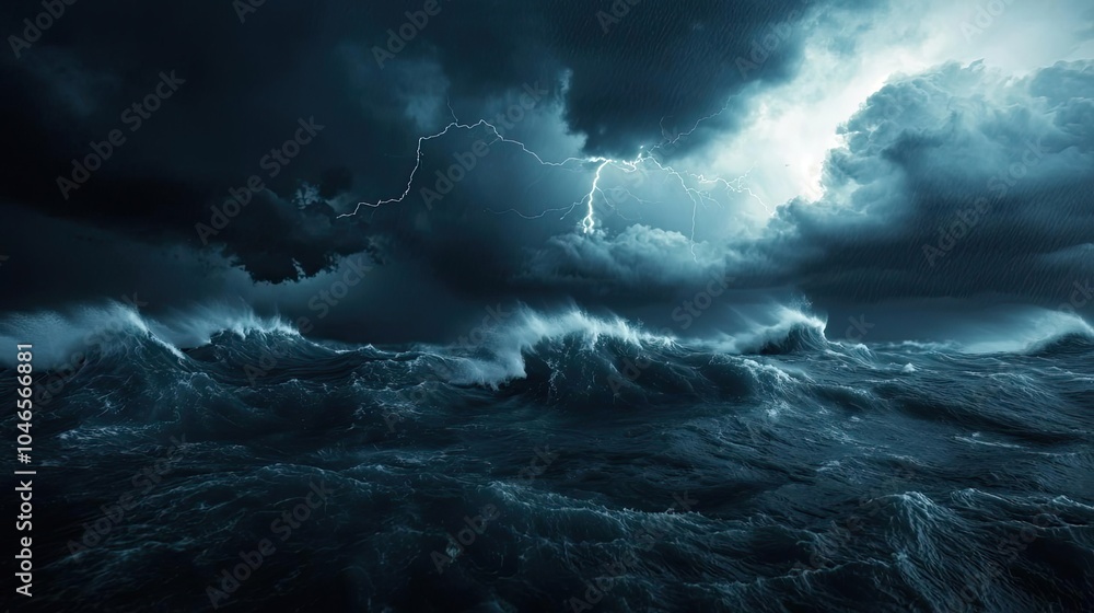 Poster Stormy sea with dark clouds and lightning illuminating the waves.