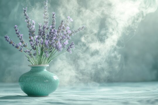 aromatherapy decor, background for an oil burner diffuser, designed with peaceful lavender and mint green hues, paired with gentle steam wisps