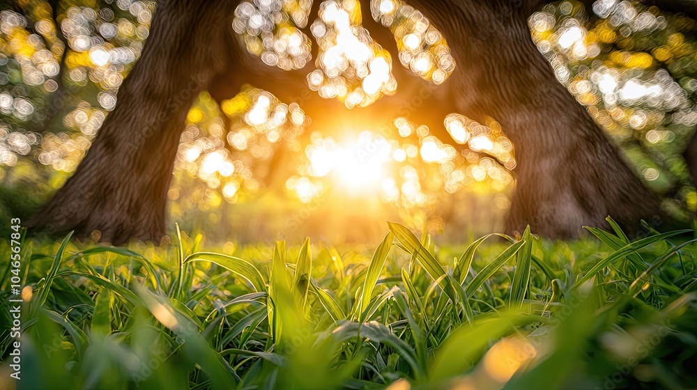 Poster Sunlight filtering through trees, creating a serene natural landscape.