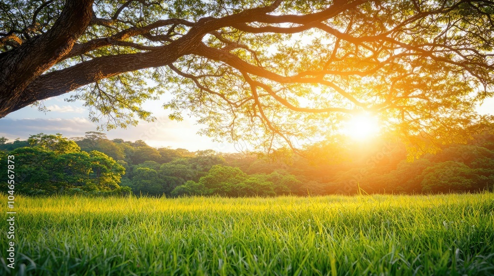 Poster sunlight filtering through tree branches over a lush green field.