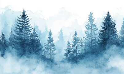 Fototapeta premium Watercolor background silhouettes of snow-covered pines in soft blue and white shades 