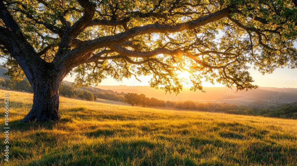 Poster sunset view through the branches of an oak tree on a grassy landscape.