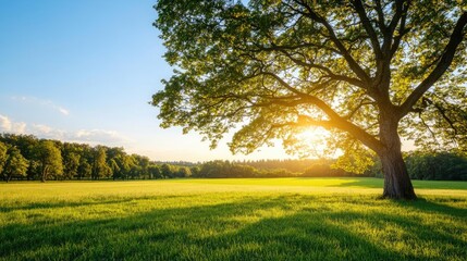 Obraz premium Sunlit tree in a green field under a clear blue sky, vibrant nature scene.