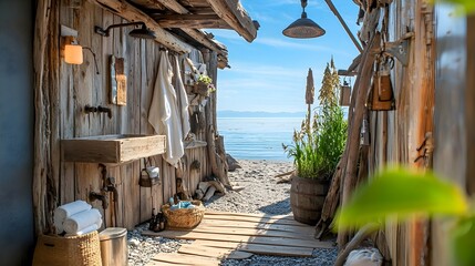 Rustic and natural outdoor shower blending seamlessly with driftwood structures in a scenic beachfront campground offering a tranquil and serene vacation experience