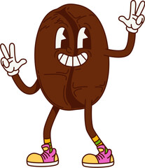 Groovy coffee bean character with funky crazy face in retro cartoon, vector comic emoji. Groovy funky coffee bean with hippie peace sign fingers in good vibe for psychedelic retro cartoon character