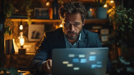 Businessman Reading Email on Laptop with Spam and Virus Alerts, Internet Security Concept, Hyper-Realistic Ultra HD Shot Displaying Spam Pop-up Warnings in Natural Colors, 8K Detail, LEICA Lens