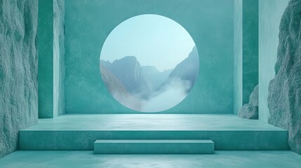 Minimalist blue room with a circular window overlooking mountains.